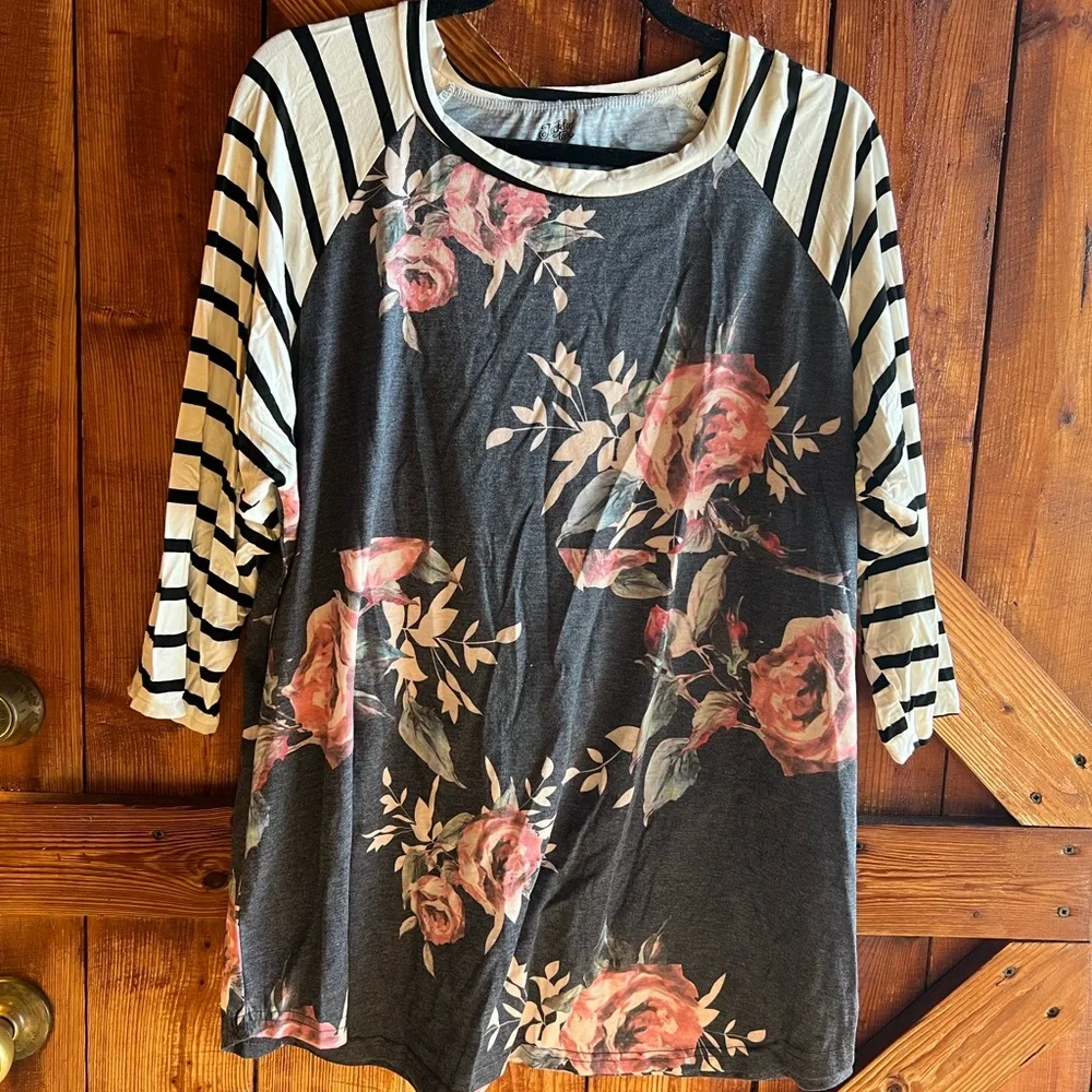 Tickled Teal Floral and Striped Long Sleeve Top - Picture 2 of 6